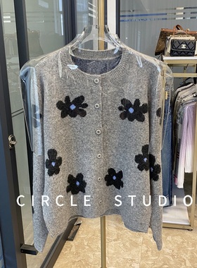 洋气又时髦 法式重工提花灰色厚款针织毛衣开衫秋冬宽松外套女