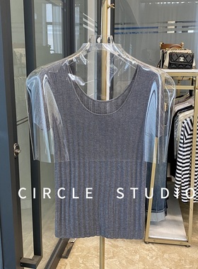 法式复古 灰色篙级感修身大弹力罗纹柔软羊毛针织衫女休闲套头T