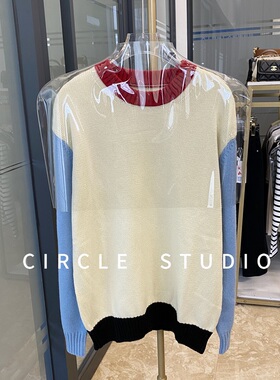 【断码清仓】设计感减龄多色拼接圆领连肩套头针织毛衣女上衣