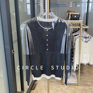 弹力套头针织衫 长袖 女显瘦上衣 设计感单品拼色假两件圆领修身 法式