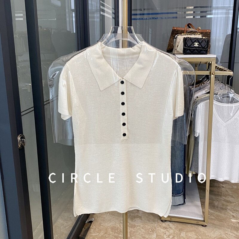 简约休闲 polo领干爽透气亚麻短袖侧开叉套头针织衫女T恤上衣