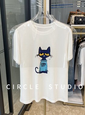趣味蓝猫印花正肩休闲T恤女上衣