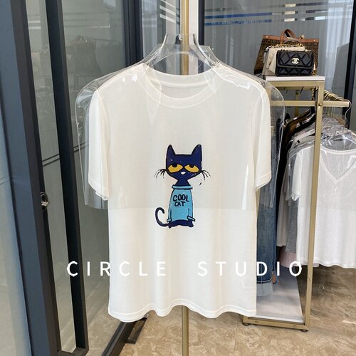 趣味蓝猫印花正肩休闲T恤女上衣
