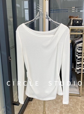 长袖面膜T恤 优雅女人味~羊毛莱赛尔一字船领优雅知性套头秋上衣