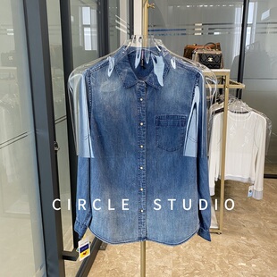 美式 外套 防卷边水洗磨白纯棉率性单口袋渐变翻领正肩叠穿牛仔衬衫