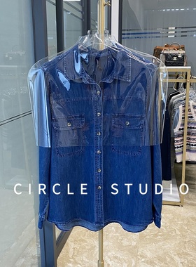 亲肤柔软棉～设计感口袋深蓝色叠穿内搭牛仔衬衫女休闲复古上衣