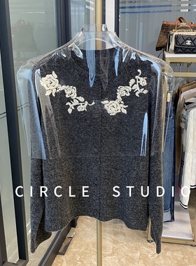 法式复古 设计感刺绣绣花灰色圆领百搭针织开衫长袖羊毛外套女厚