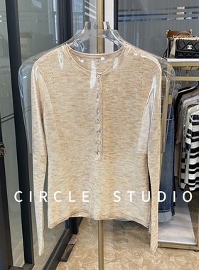 极简光隙段染渐变花纱珠片浪漫挑孔 设计感修身S腰亚麻棉针织衫