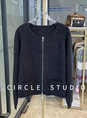 时髦帅气 日常穿搭休闲百搭厚款拉链100羊毛深灰色针织开衫女外套