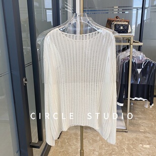 法式 设计感干爽透气镂空竖条纹宽松针织衫 女洋气轻薄罩衫 慵懒