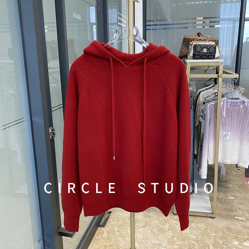 新年氛围感红色 鱼鳞针蓬松厚款保暖100羊毛连帽套头毛衣针织衫女