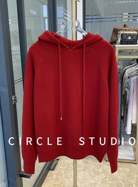 新年氛围感红色 鱼鳞针蓬松厚款保暖100羊毛连帽套头毛衣针织衫女