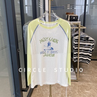 长袖 时髦放纵 美式 减龄复古字母印花插肩袖 上衣薄 T恤女宽松打底衫