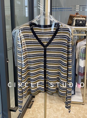 时髦复古！含桑蚕丝柔软亲肤大V领显瘦条纹长袖针织开衫短款外套