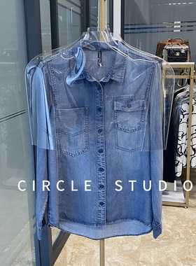 设计感不对称口袋天丝柔顺触感浅蓝色直筒显瘦叠穿内搭牛仔衬衫女