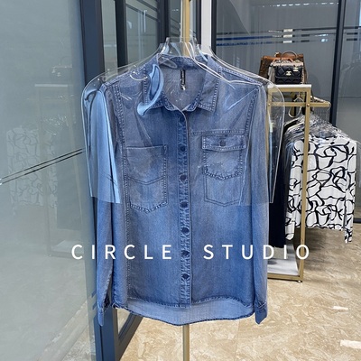 直筒修身不对称口袋设计牛仔衫女