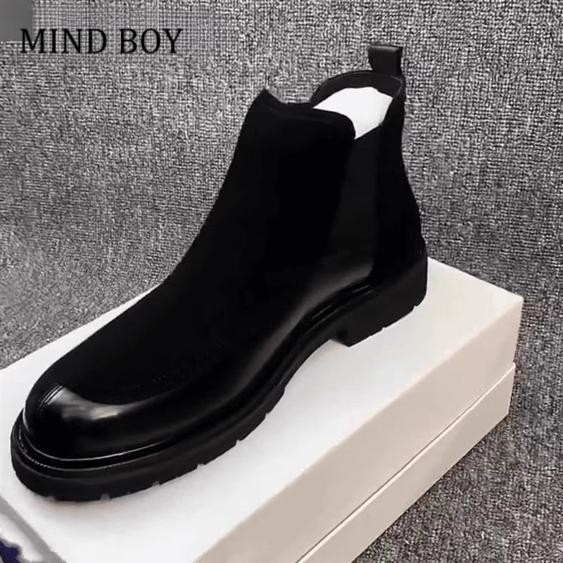 MIND BOY男士秋冬季真皮休闲加绒马丁靴新款高帮黑色休闲鞋厚底鞋
