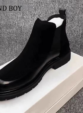 MIND BOY男士秋冬季真皮休闲加绒马丁靴新款高帮黑色休闲鞋厚底鞋