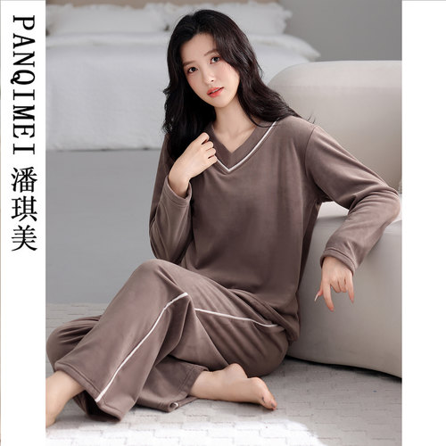海岛绒睡衣女秋冬季套头薄绒V领