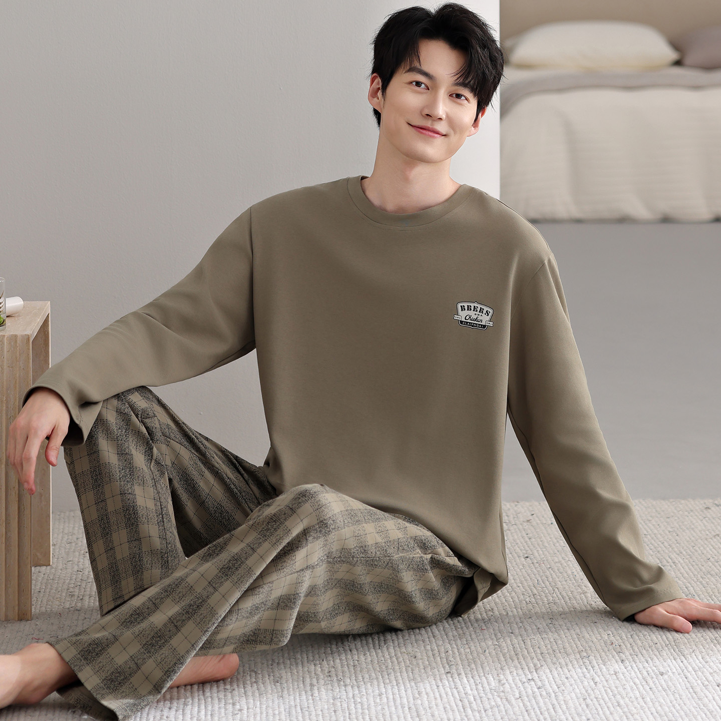2025新款睡衣男士长袖纯棉可外穿加大码休闲中年套头家居服套装
