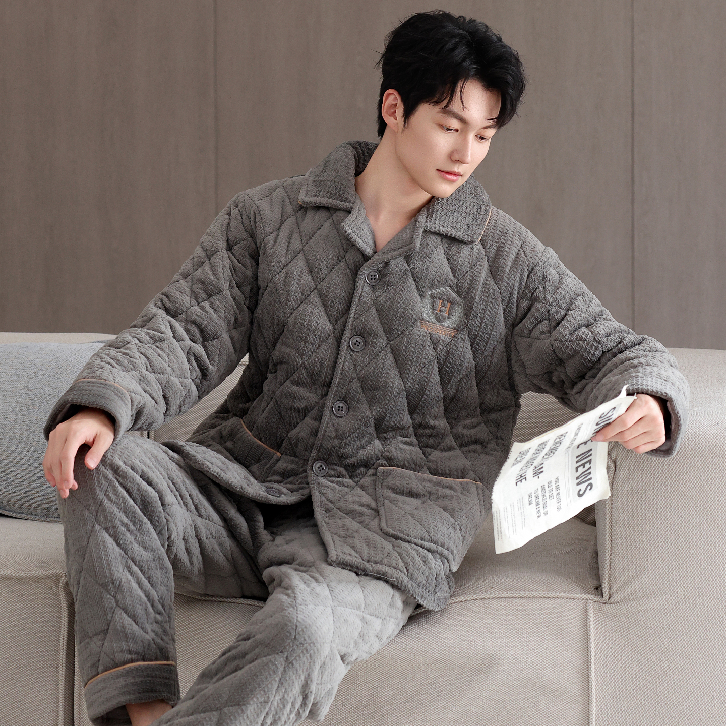 三层夹棉睡衣男士加厚加绒珊瑚绒秋冬季法兰绒家居服棉袄格子套装