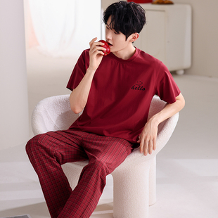 2026新款马年本命年睡衣男士短袖纯棉长裤套头格子春夏红色家居服