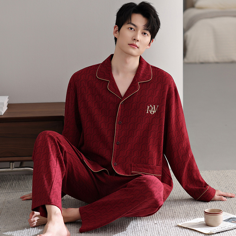 莱卡棉红色睡衣男士长袖纯棉春秋季加大码本命年开衫宽松家居服
