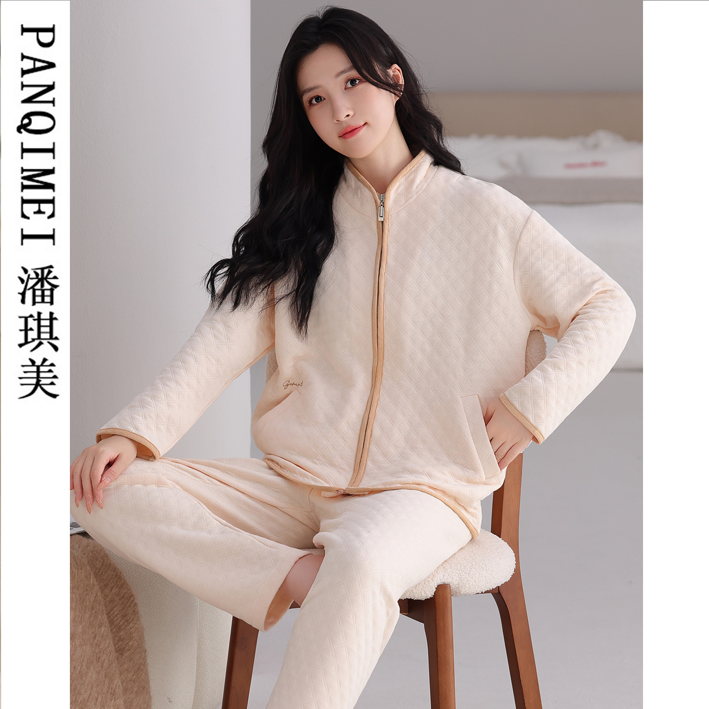 空气棉夹层睡衣女秋冬长袖加厚纯棉拉链新款时尚可外穿夹棉家居服