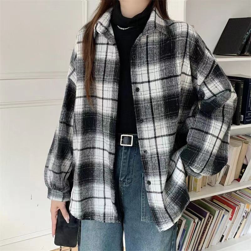 女童仿毛呢加厚格子衬衫披肩秋冬少女新款灯笼长袖宽松慵懒风外套
