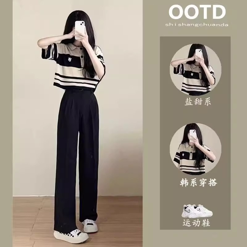 女童夏季套装2025网红洋气Polo领条纹针织衫阔腿裤少女小香风两件