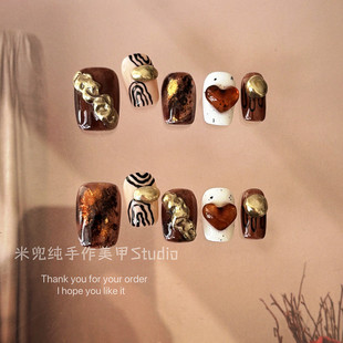 莫托里尼 秋冬新款ins小众琥珀晕染纯手工穿戴美甲显白甲片可拆卸