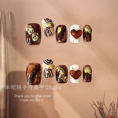 莫托里尼 秋冬新款ins小众琥珀晕染纯手工穿戴美甲显白甲片可拆卸