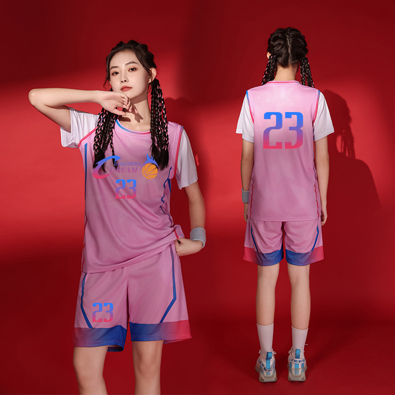 粉色篮球服套装女大学生假两件T恤定制运动比赛球衣班服短袖男夏