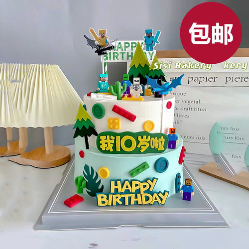 积木人偶我的世界生日蛋糕装饰