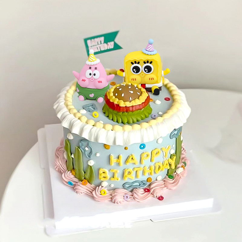 小红书爆款海绵宝宝主题蛋糕装饰摆件卡通派大星软胶迷你甜品插件