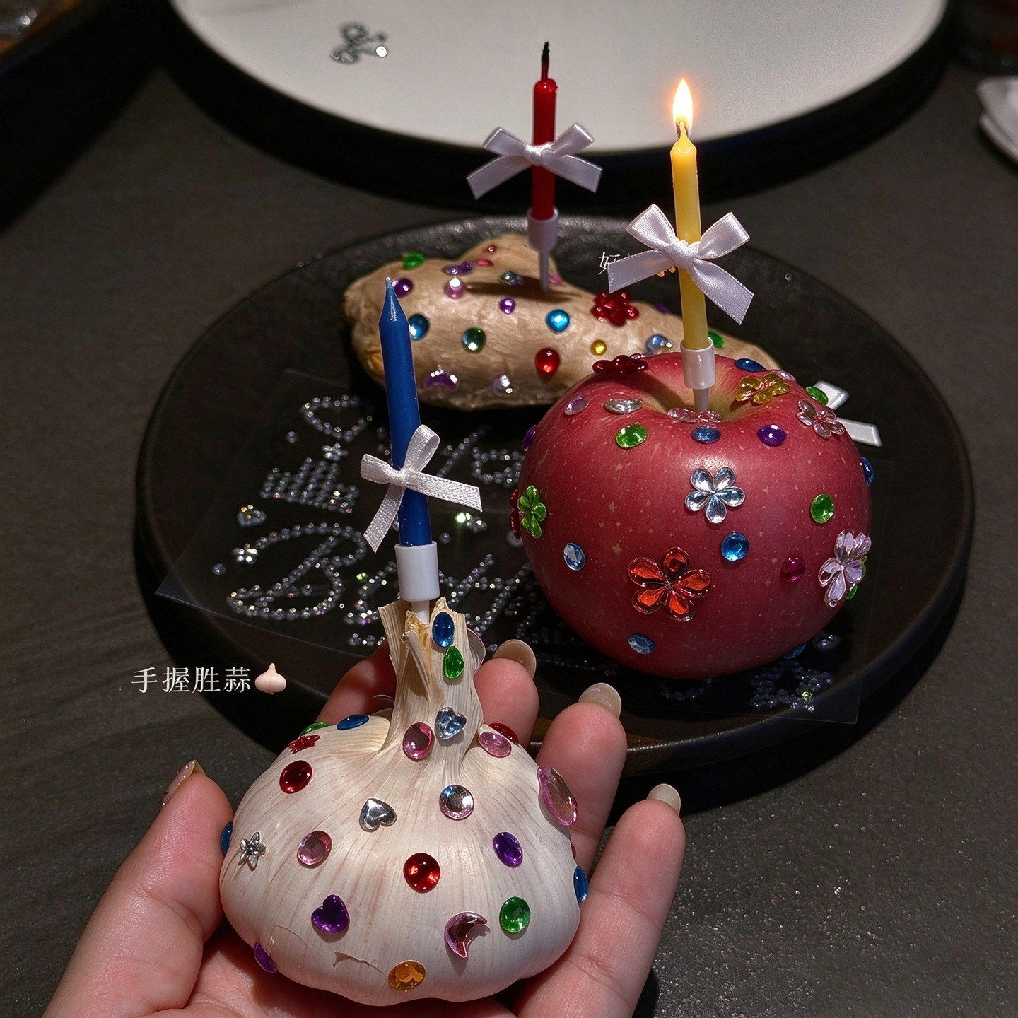 彩色镶钻姜蒜生日蜡烛甜品装饰卡通宝石平安果好运姜至寓意蝴蝶结