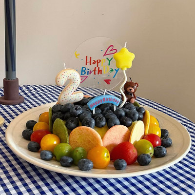 彩色涂鸦HappyBirthday亚克力蛋糕插牌小熊星星数字蜡烛甜品装饰