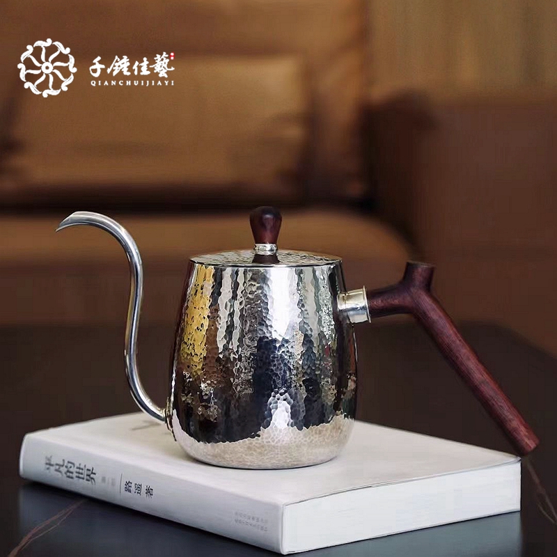千锤佳艺纯银999咖啡壶木手柄家用足银纯手工手冲壶挂耳细口长嘴