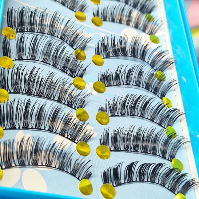 假睫毛025#纤长卷翘浓密棉线黑梗前短后长10对手工胶水粘胶眼睫毛