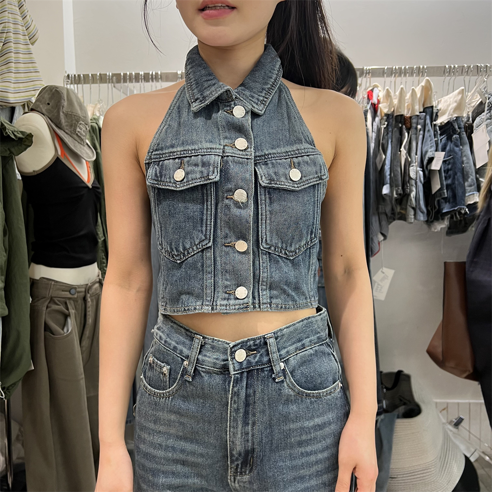 PLNH原版设计感挂脖露背牛仔马甲背心女2025夏季新款短款上衣现货