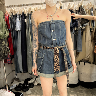 PLNH2025秋季新款韩版时尚设计感纯欲风露肩抹胸牛仔连体短裤女