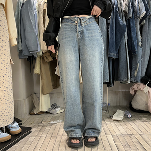 PLNH2025秋冬新款时尚设计感宽松显瘦高腰翻边直筒阔腿牛仔裤现货