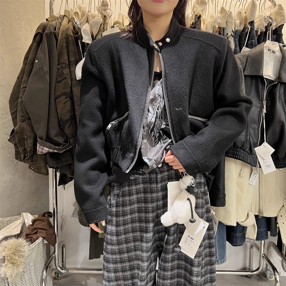 PLNH2025秋冬新款韩版小众设计感宽松显瘦双面羊绒立领夹克短外套