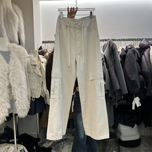 PLNH2025冬季新款韩版设计感高腰宽松显瘦抽绳磨毛直筒休闲牛仔裤