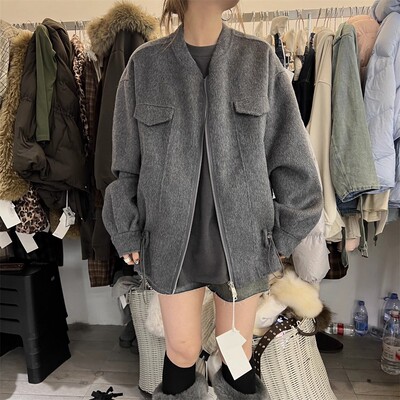 PLNH2025冬季新款韩版设计感宽松显瘦立领抽绳双面羊绒大衣外套女