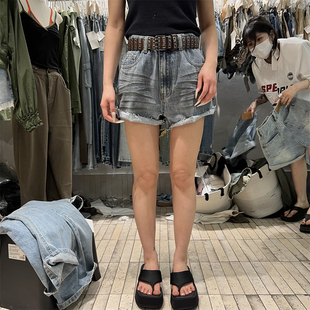 PLNH2025夏季新款韩版时尚设计感高腰宽松显瘦洗水晕染牛仔短裤女