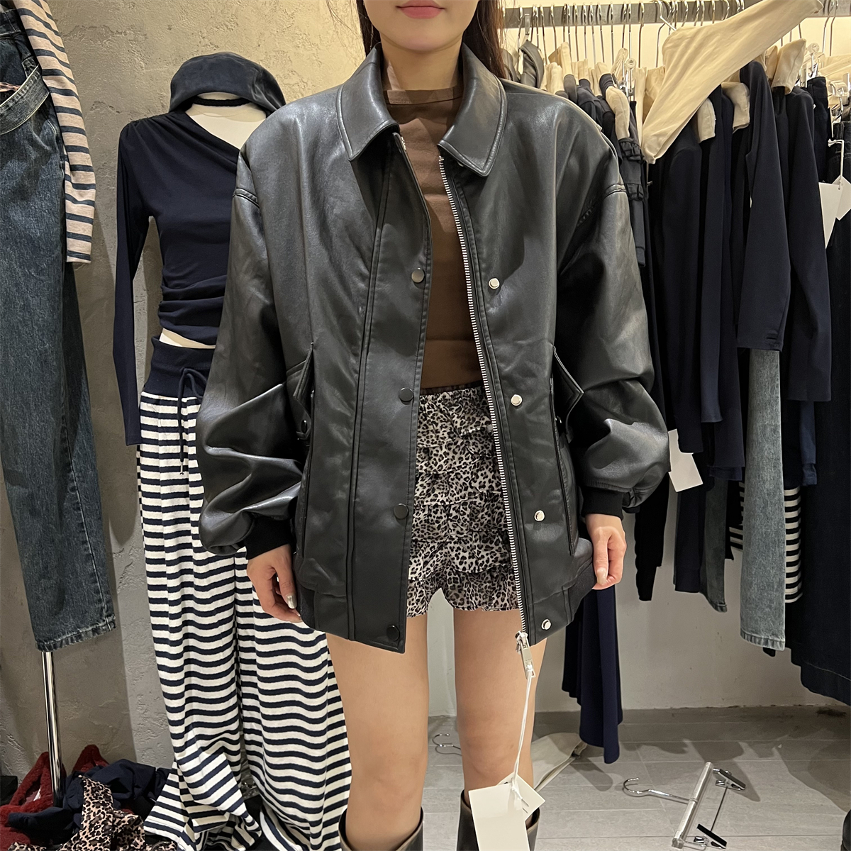 PLNH2025冬季新款韩版时尚设计感宽松显瘦蛋白皮皮衣百搭外套女