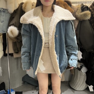 PLNH2025冬季新款时尚设计感慵懒风减龄大翻领羊羔绒保暖牛仔外套