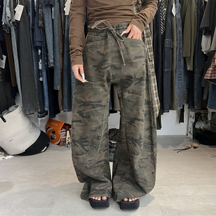 PLNH2025秋季新款设计感高腰宽松显瘦美式迷彩工装口袋弯刀牛仔裤