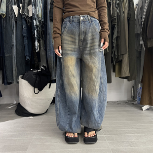 PLNH2025秋冬新款韩版设计高腰宽松显瘦美式复古弯刀牛仔裤长裤女